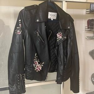 Guess faux leather jacket with floral embroidery